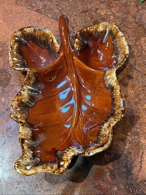 Vintage Hull Pottery Leaf-Shaped Drip Glaze Divided Ceramic Serving Dish